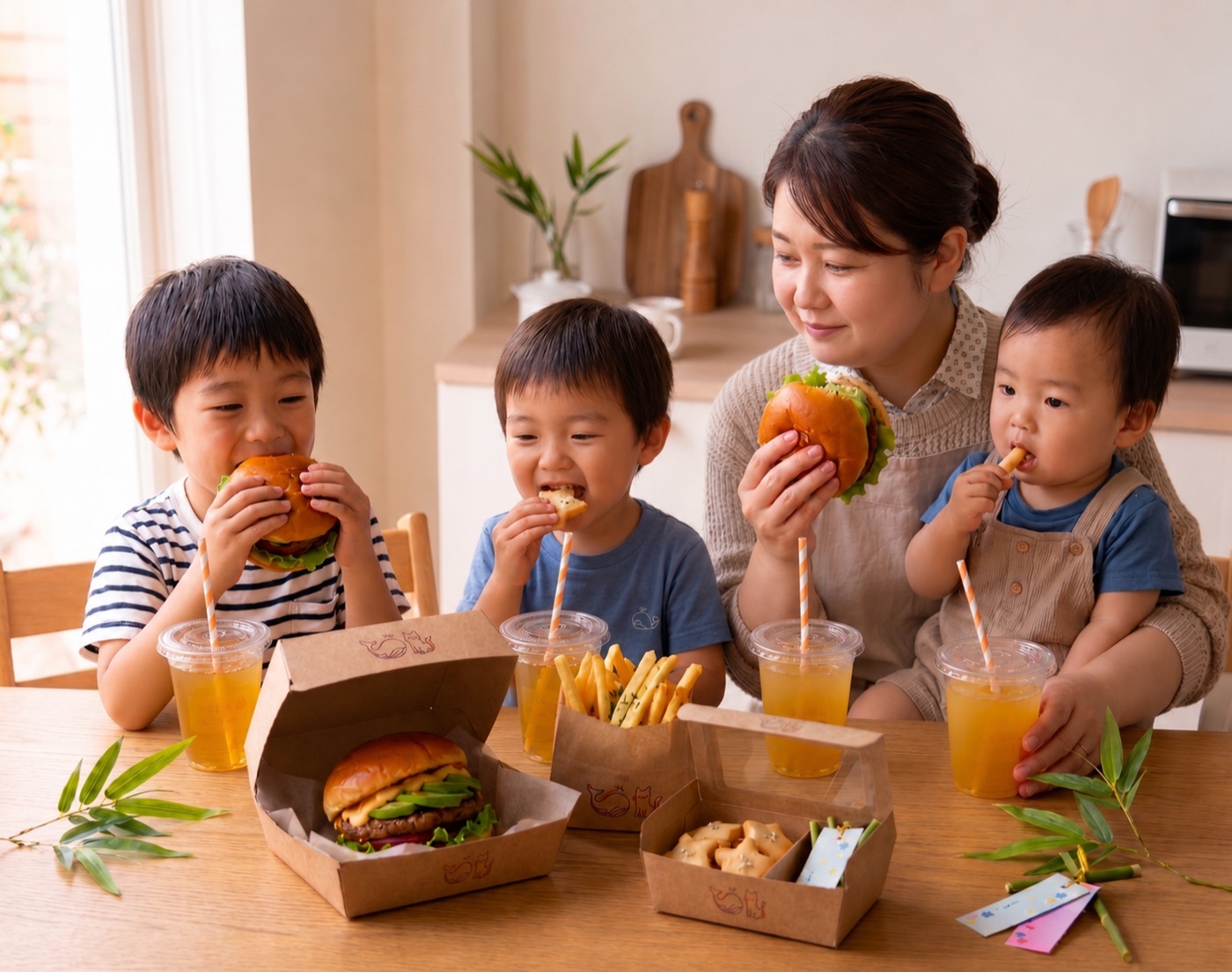 スターライトバーガーを囲んで食事をする親子